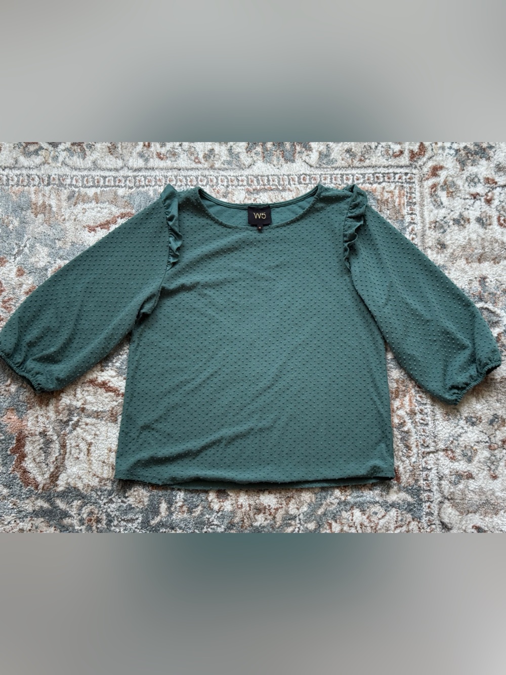 W5 Teal Ruffle Shoulder Dot-Texture Blouse